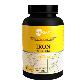 

MEDCRAFT, Железо (бисглицинат) + витамины С, В9 и В12, капсулы, 60 шт., капсулы, 60 шт.