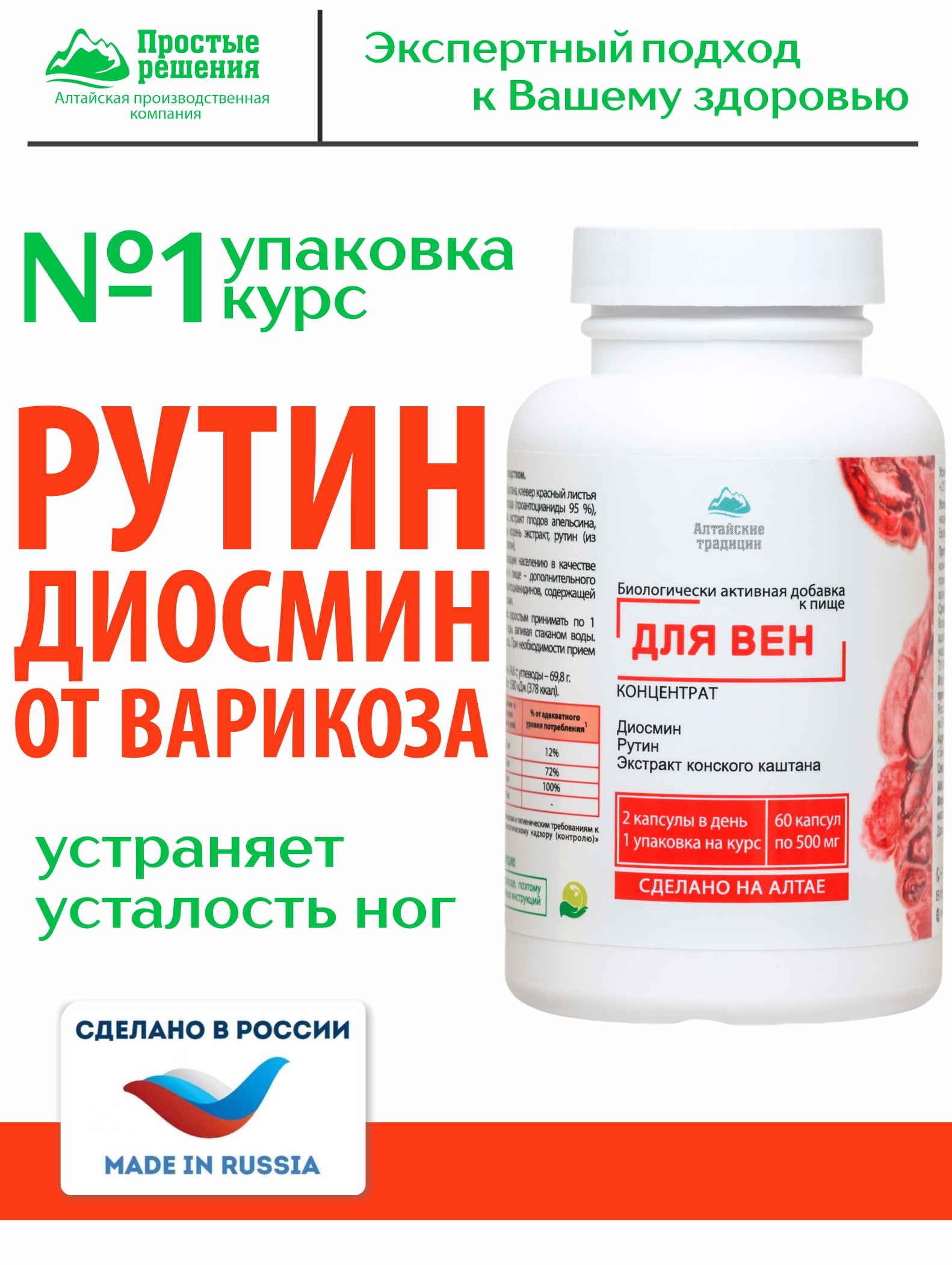 Простые решения, Концентрат «Для вен» с рутином, диосмином и экстрактом виноградной косточки, капсулы, 60 шт.
