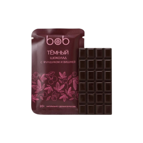 Bob, Шоколад "Тёмный" с фундуком и вишней, 20г