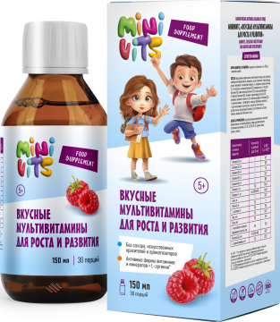 

Minivits, Вкусные мультивитамины для роста и развития, со вкусом малины, жидкость, 150 мл, жидкость, 150 мл