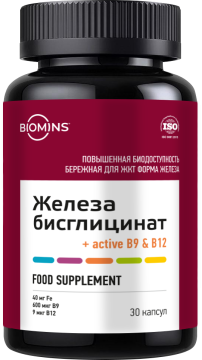 

Biomins, Железа бисглицинат хелат c B9 и В12, капсулы, 30 шт., капсулы, 30 шт.